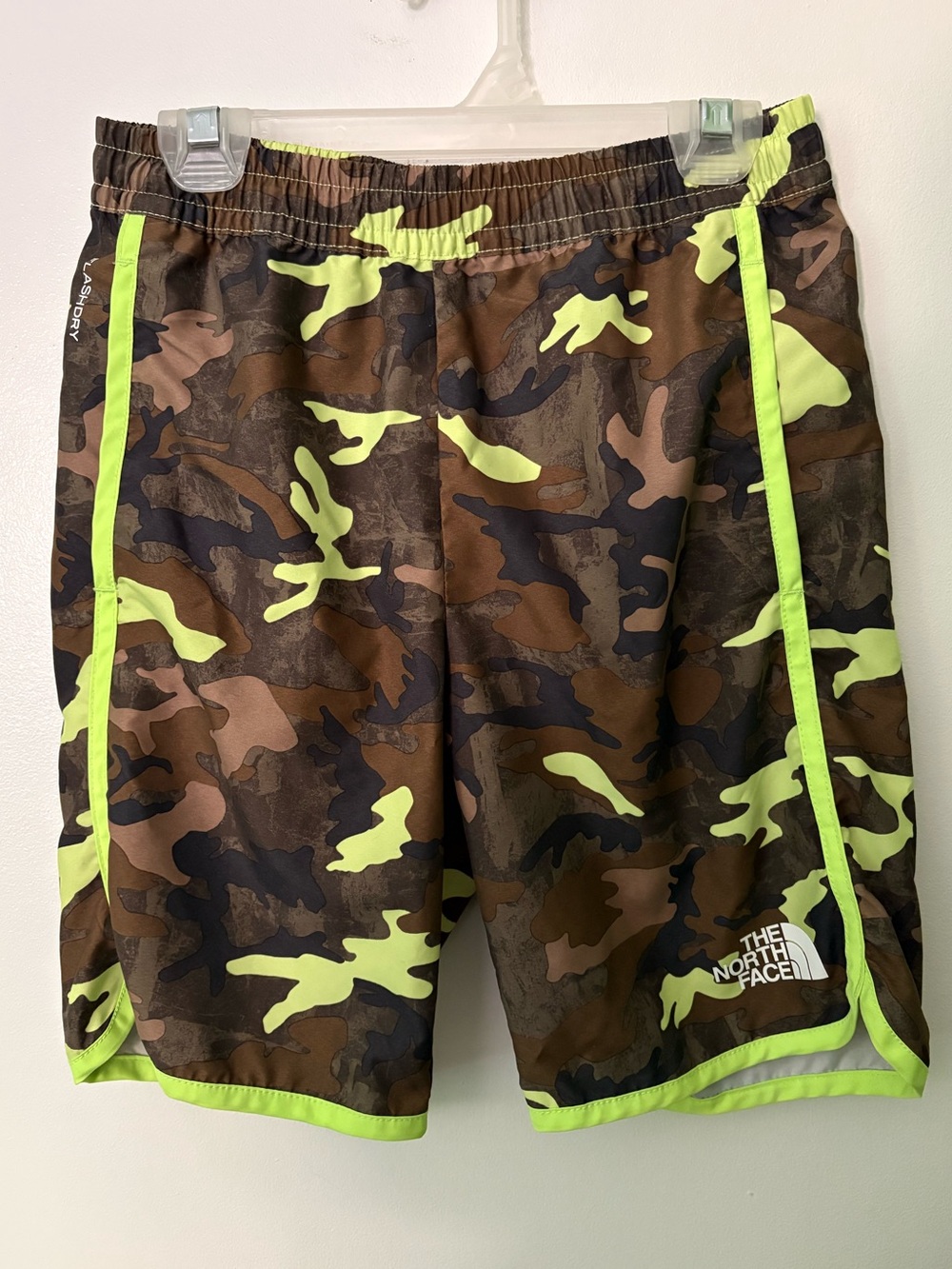 The North Face Boys' Brown Camo Shorts with Neon Yellow-GreenTrim